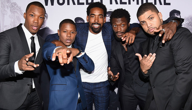 De acteurs van de film Straight Outta Compton (van links naar rechts): Corey Hawkins, Jason Mitchell, Marlon Yates Jr., Aldis Hodge en O'Shea Jackson Jr. Foto: Kevin Winter / Getty Images