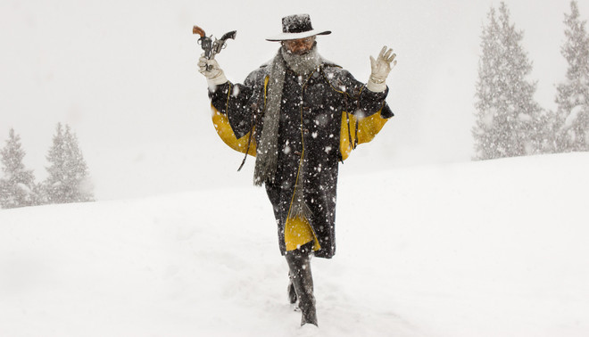 Samuel L. Jackson als Major Marquis ‘The Bounty Hunter’ Warren in 'The Hateful Eight' van Quentin Tarantino.