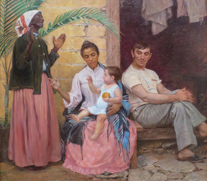 A Redenção de Cam (Hams Verlossing) van de Braziliaanse schilder Modesto Brocos (1852-1936), waarin een Braziliaanse familie per generatie blanker wordt, een kritische beschouwing op 'blanqueamiento'. De grootmoeder bidt tot God dat de baby zo blank mogelijk wordt. Beeld: Wikimedia Commons