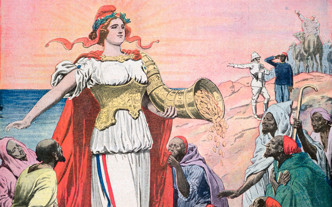 Detail van de voorpagina van de Franse krant Le Petit Journal van 19 november 1911. Het onderschrift bij dit beeld luidt: 'Frankrijk brengt civilisatie, rijkdom en vrede in Marokko'. Beeld: Getty