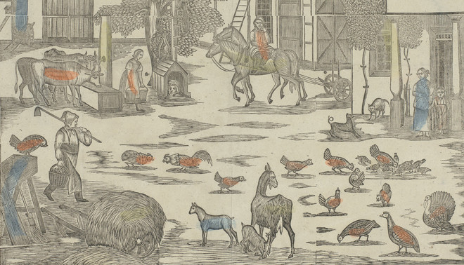 Detail van een houtsnede met daarop afgebeeld een boerderij gekleurd in geel, blauw en rood. Maker onbekend, datering ca 1850. Reproductie: Rijksmuseum