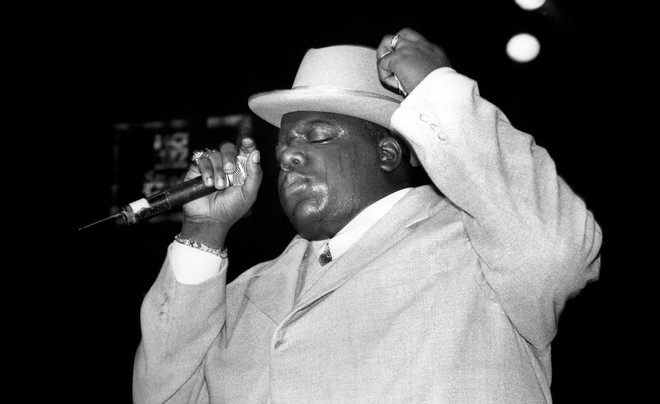 The Notorious B.I.G. tijdens een optreden in New Jersey in 1995. Foto: David Corlo / Getty