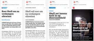 Screenshot uit Blendle met de verhalen uit het Dagblad van het Noorden, de Leeuwarder Courant, De Limburger en Tubantia