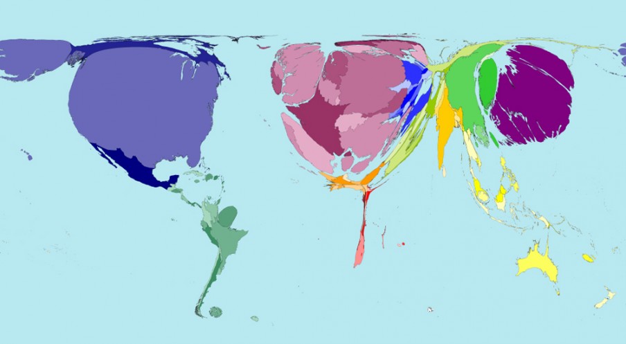 Deze kaart laat zien welke landen het rijkste zijn (het grootste bbp hebben). Hoe groter een land op de kaart wordt weergegeven, hoe rijker het is. De cijfers zijn van 2002. © Copyright Sasi Group (University of Sheffield) 