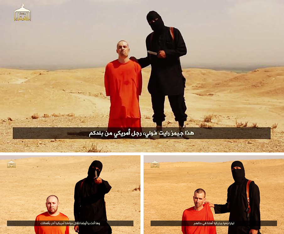 Boven: De Amerikaanse journalist James Wright Foley. Linksonder: De Amerikaans-Israëlische journalist Steven Joel Sotloff. Rechtsonder: De Britse hulpverlener David Haines. 