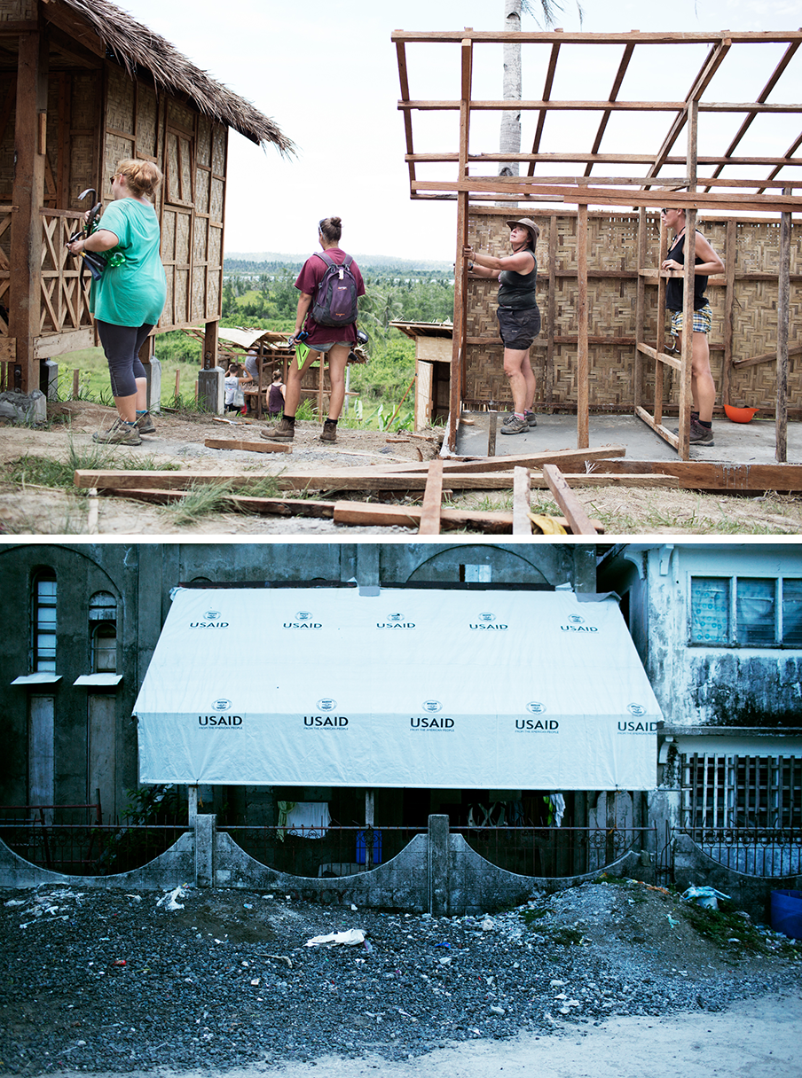 Westerse vrijwilligers helpen nieuwe ‘tijdelijke’ huizen te bouwen, in de buurt van Tacloban. Foto’s: Pieter van den Boogert