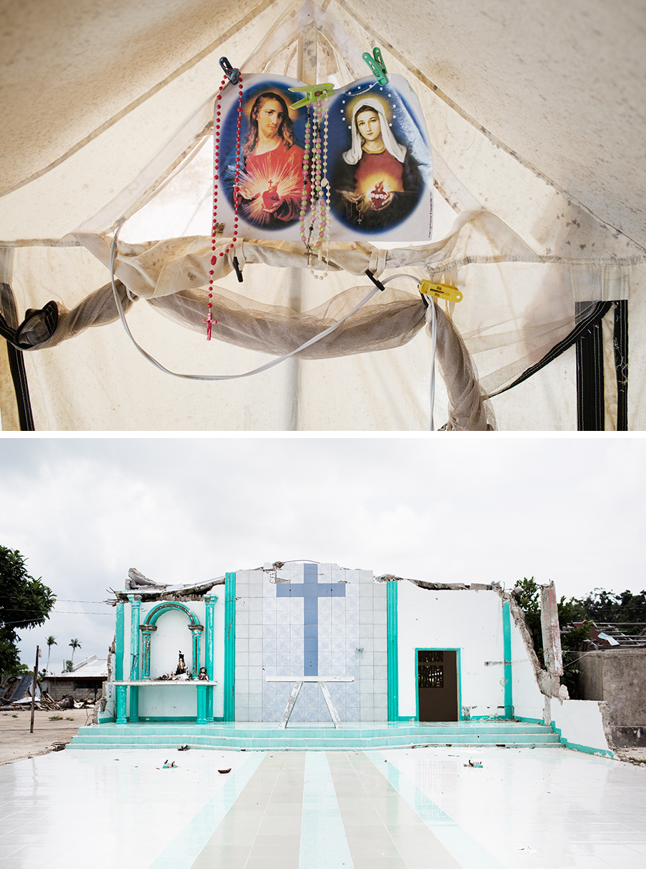 Boven: Het beschimmelde interieur van een gezin dat nog in een tent woont in Tacloban. Onder: De overblijfselen van de kerk in vissersdorp Sulangan. Foto’s: Pieter van den Boogert