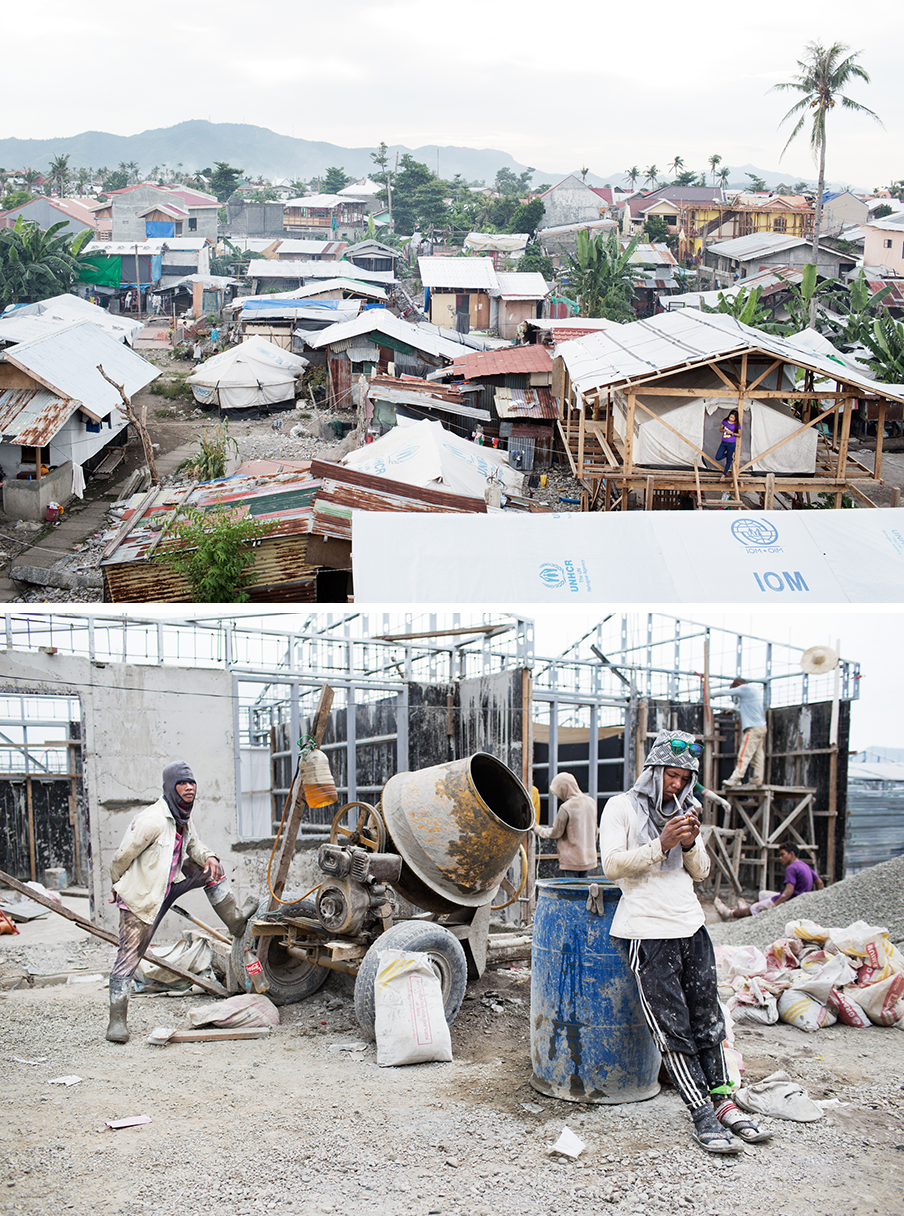 Boven: Barangay 88 in Tacloban. Onder: Nieuwbouw ten noorden van Tacloban, in de veiliger heuvels.  Foto’s: Pieter van den Boogert