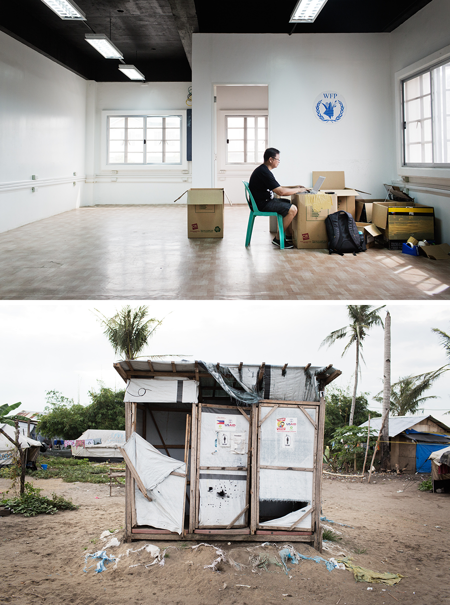 Boven: Het kantoor van het World Food Programme in Tacloban is ingepakt, de humanitaire fase is voorbij. Onder: De sanitaire voorzieningen in het tentenkamp in wijk 88. Foto’s: Pieter van den Boogert 