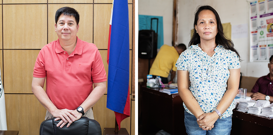 Links: Alfred Romualdez, burgemeester van Tacloban. Rechts: Emelita Montalban, barangay-leider van wijk 88. Foto’s: Pieter van den Boogert