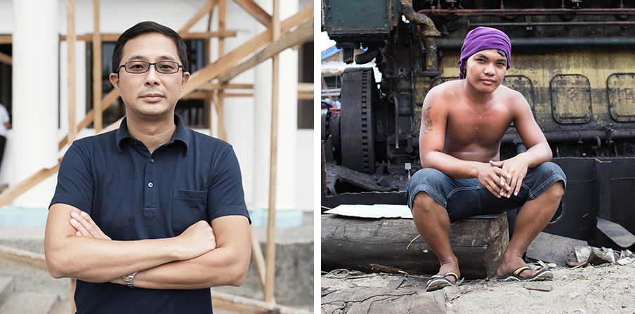 Links: Jerry Yaokasin, viceburgemeester van Tacloban. Rechts: Amel Amosco, die in het Anibongdistrict van Tacloban woont. De wijk noemt zich nu ‘Yolanda Village’. Amosco werkt aan het ontmantelen van het aangespoelde vrachtschip. Foto’s: Pieter van 