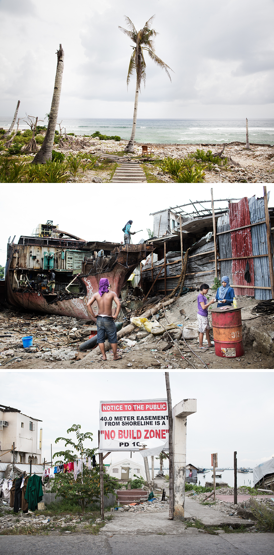 Boven: De overblijfselen van een surfresort in Sulangan. Midden: Een aangespoeld vrachtschip wordt gesloopt in het Anibongdistrict. Onder: De no-build zone wordt gepropageerd. Foto’s: Pieter van den Boogert