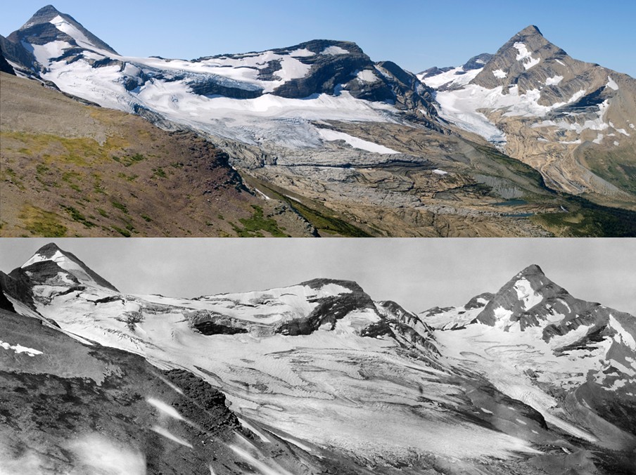 De Blackfoot-gletsjer in Montana (Verenigde Staten). Boven in 2009, onder in 1914. Foto’s: ANP