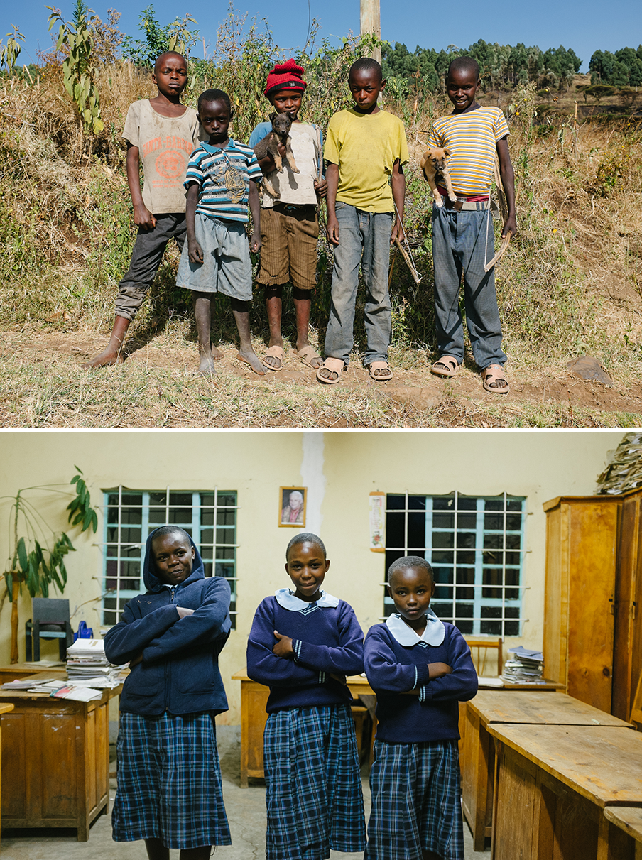 Boven: Jongens spelen op straat. Onder: Scholieren van het plaatselijke schooltje. Foto’s: Michiel Cotterink