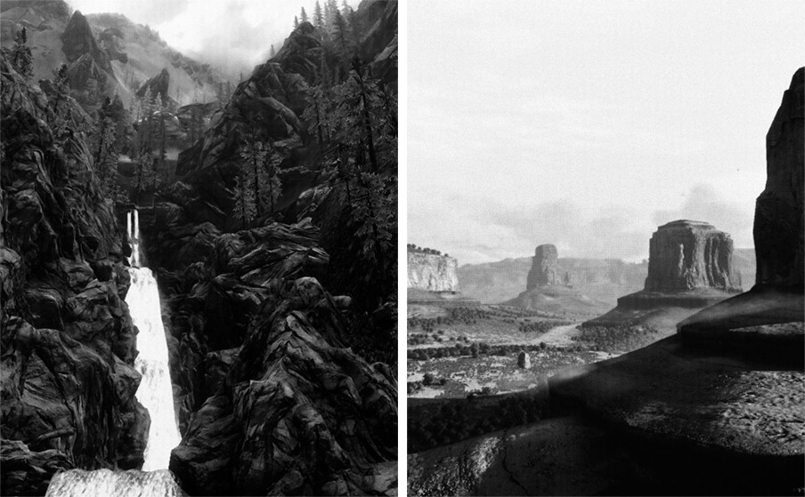 Links: ‘Waterfalls, near Riverwood’. Rechts: ‘Gaptooth Ridge, New Elizabeth’, uit de serie ‘In Our Nature’. Foto’s: Rob Wetzer / LhGWR