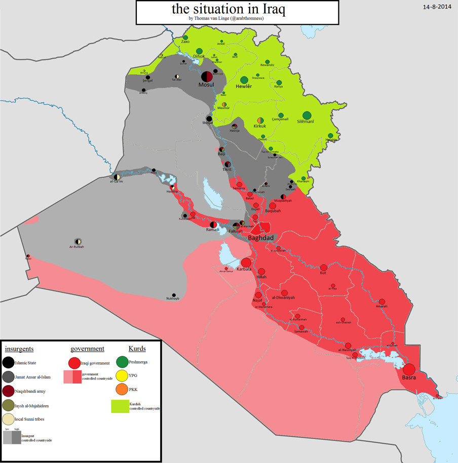 Kaart van de situatie in Irak, 14-08-2014. Kaart gemaakt door: Thomas van Linge.