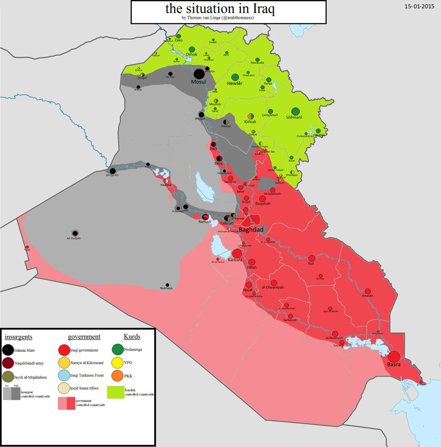Kaart van de situatie in Irak, 15-01-2015. Kaart gemaakt door: Thomas van Linge.