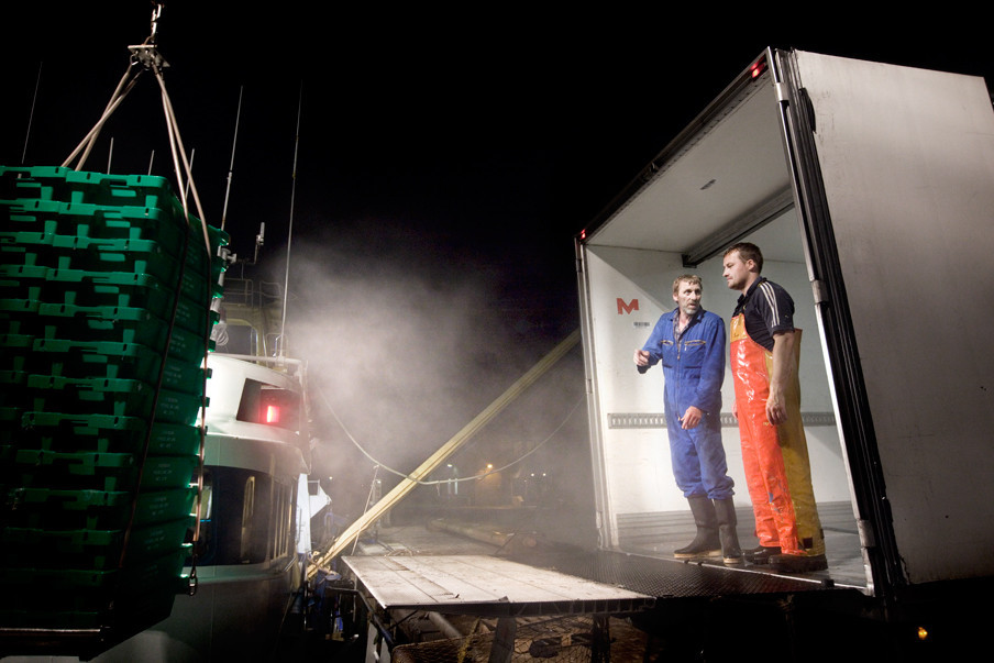 De gevangen vis wordt in de vrachtwagen geladen om naar de afslag te worden vervoerd. Foto: Jan de Groen/Hollandse Hoogte.