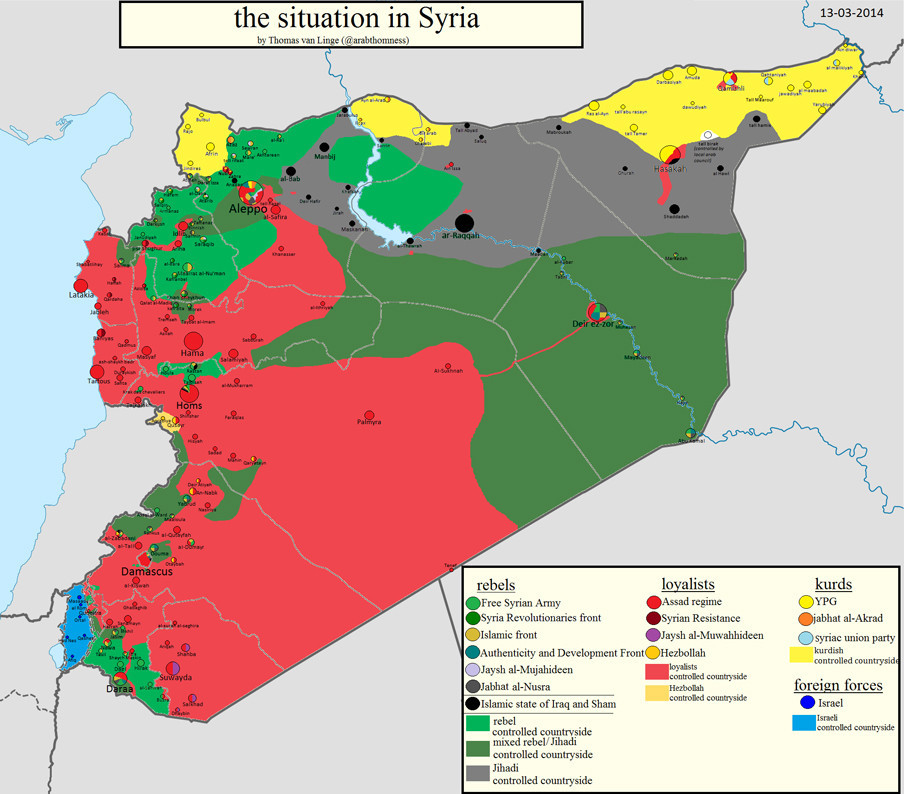 Kaart van de situatie in Syrië, 13-03-2014. Kaart gemaakt door: Thomas van Linge.