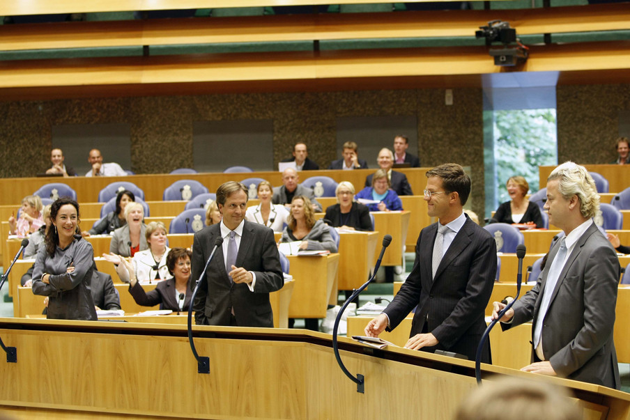 Den Haag, 2009 - vlnr Femke Halsema, Alexander Pechtold van D66, Mark Rutte van de VVD en Geert Wilders van de PVV tijdens de Algemene Beschouwingen in de Tweede Kamer. Foto: Marcel Antonisse/ANP
