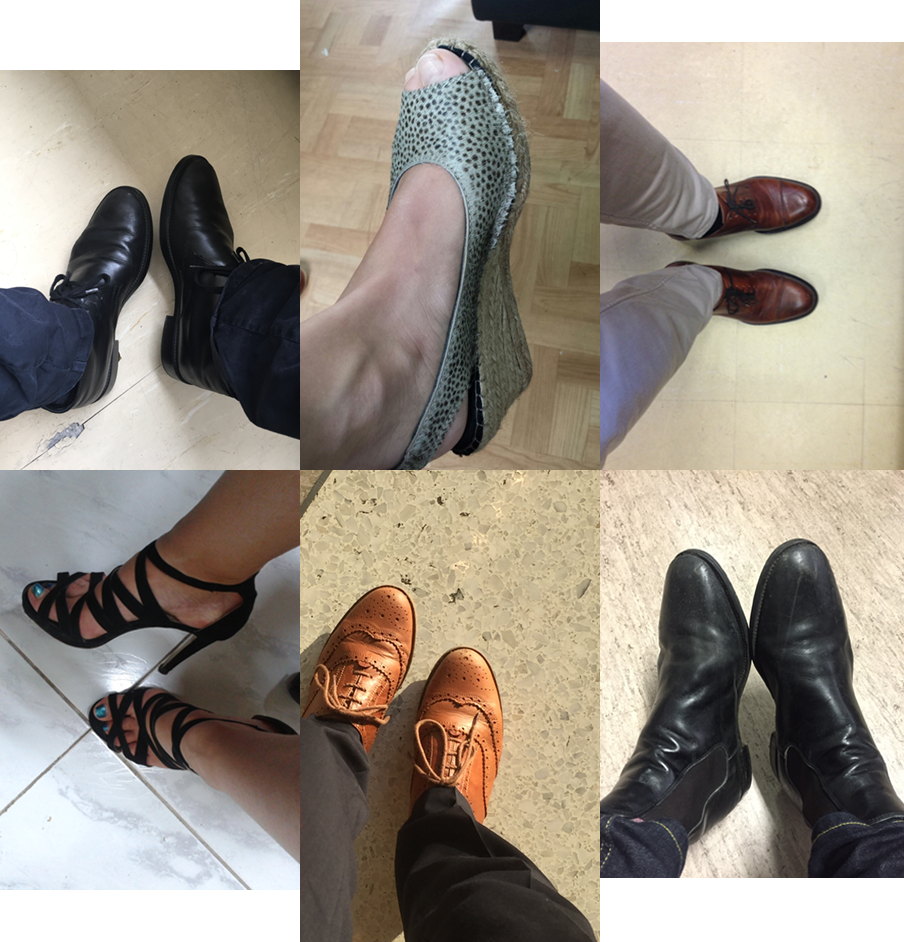 Een greep uit de schoenen die onze VN-medewerkers naar hun werk dragen. De foto’s zijn gemaakt door de zeventien dagboekschrijvers uit dit verhaal.
