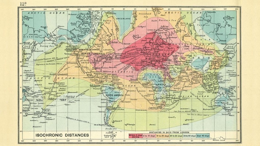De tijd die het kostte om in 1914 van Londen naar elders in de wereld te reizen. Gemaakt door John George Bartholomew.