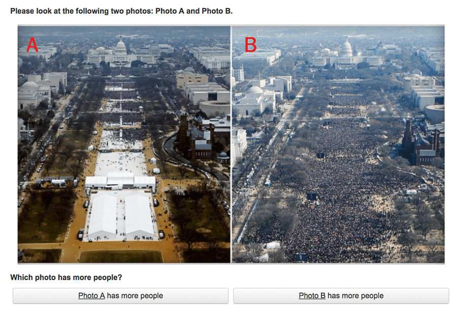Links: de inauguratie van Trump. Rechts: de inauguratie van Obama.