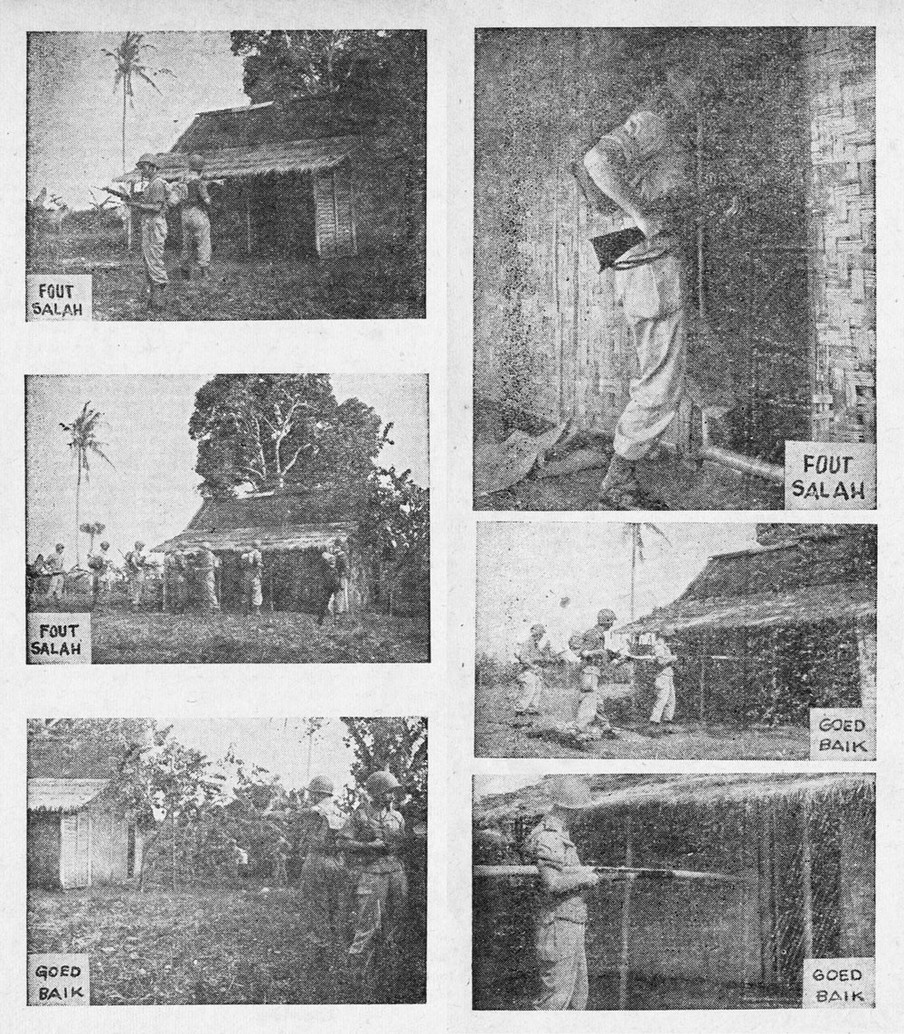 Het omsingelen en doorzoeken van huizen. Beeld uit de geïllustreerde handleiding voor Nederlandse soldaten in Indonesië, getiteld ‘Kennis van het V.P.T.L. Een kwestie van leven of dood.’ 