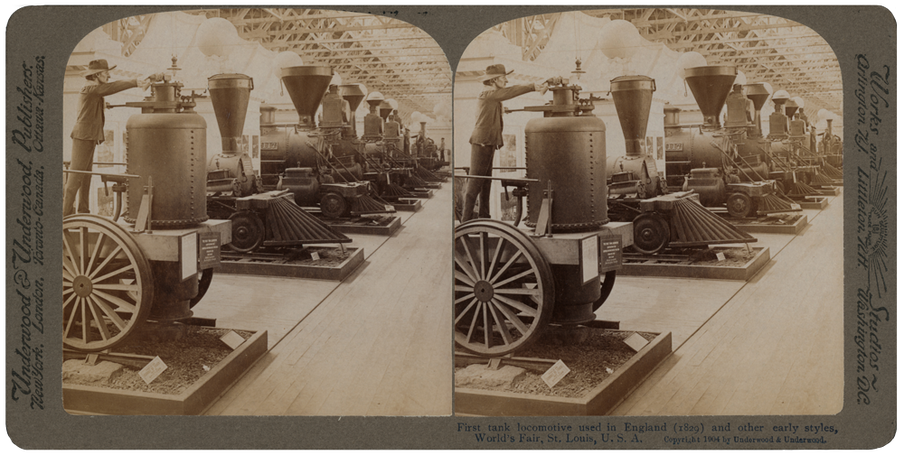 Verschillende modellen locomotieven tijdens de Wereldtentoonstelling van 1904 in St. Louis. Foto: Underwood and Underwood
