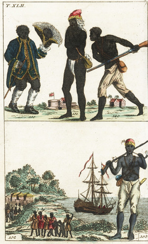 Prent over slavernij in Suriname uit ‘G. T. Wilhelm’s Encyclopedia of Natural History: Mankind Augsburg’, 1804. Foto: Getty Images