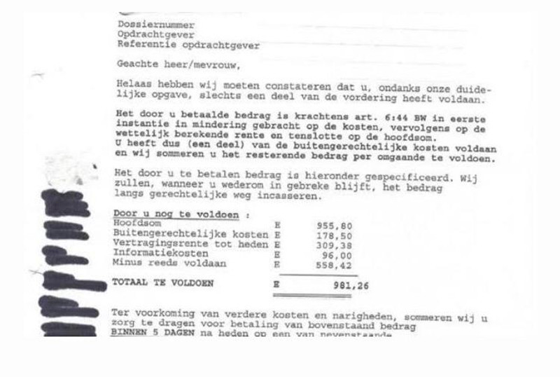 €583,88 is de som van de buitengerechtelijke kosten, vertragingsrente tot heden en de informatiekosten. Brief met dank aan Calvin Ceder van het Anti-Incassobureau.